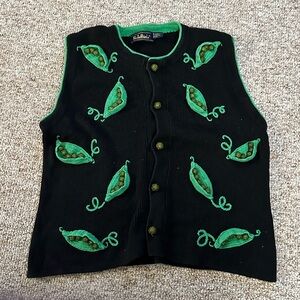 Vintage Black Vest with Green Embroidery pea pods lg